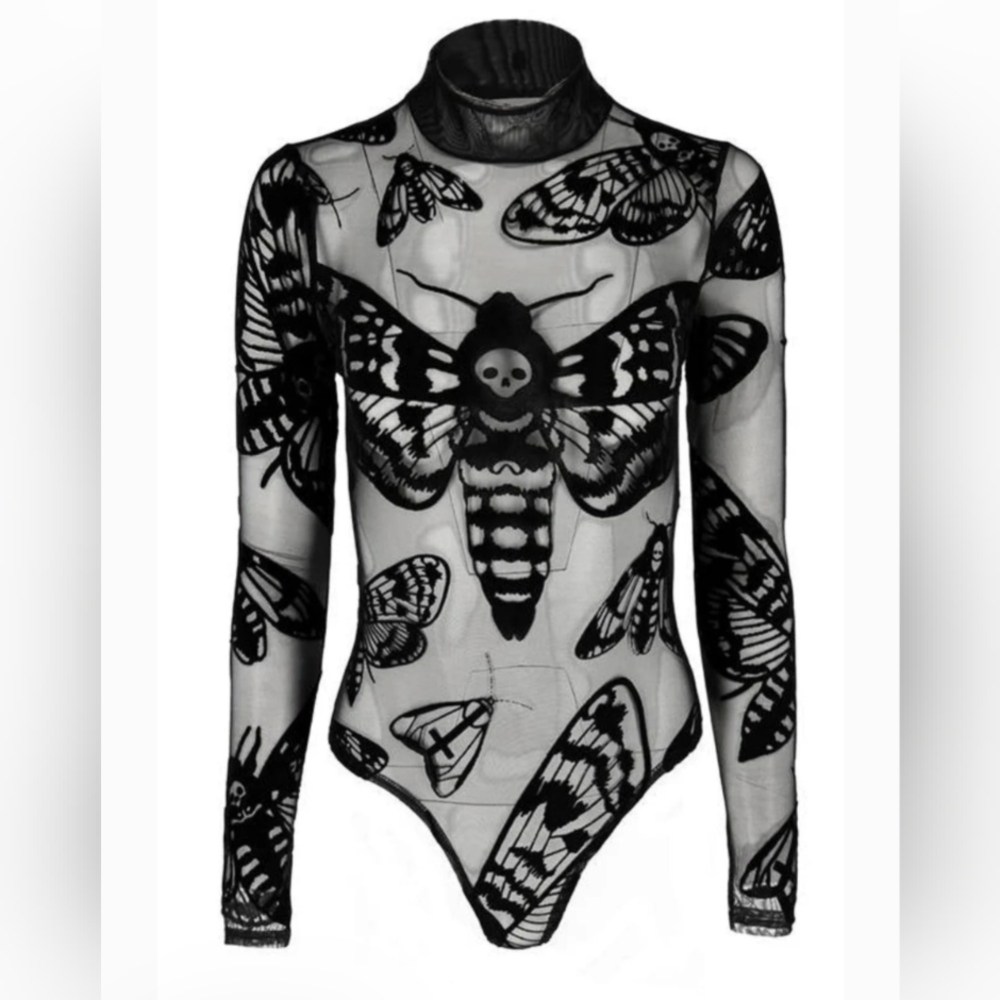 Black Sheer Moth Print Bodysuit - Picture 1 of 5